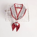 French style red and white narrow floral silk scarf tie with artistic lettering - Red White Floral