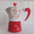 Italian moka pot coffee maker in red and white design with heart patterns and red handle - 150ml (3 Cups) / Single Valve / Red and White Heart Pattern