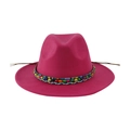 Ethnic rose red wool felt fedora hat with colorful beads and braided trim decoration - 58cm / Rose Red