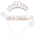Rose gold rhinestone 60th birthday tiara and white satin 60 & Fabulous sash set - 60th Birthday Rose Gold Tiara White Sash