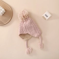 Detail of pink knitted baby hat with soft fleece lining and braided ear flaps - One Size (6-24 Months) / Pink