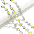 Silver chain variant featuring white and yellow enamel daisy flower charms for DIY jewelry - Price per Meter / Steel-White