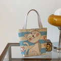 Sac à main style ethnique à rayures bleues et blanches avec broderie de chat mignon - Moyen / Chat