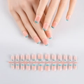Detailed set of 24 nude pink French press-on nails with light blue tips on white background - French Sky Blue Tip Short Square Round Glossy (HLBG-MP03)