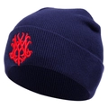 Close-up of navy blue knit beanie featuring detailed red embroidery and ribbed texture - M (56-58cm) / Navy Blue / Red Embroidery