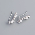 Elegant silver S925 crawler earrings with white faux pearls and branch design - 925 Silver / White Gold (1 Pair)