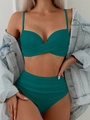 Two-piece ribbed bikini set in dark green featuring a cross V-neck and high waist bottom - S / Green