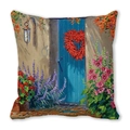 Detail of oil painting style pattern on square peach skin cushion cover with floral door - 45x45cm / Blue Wooden Door and Heart-Shaped Flowers Style (21)