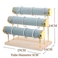 Three-tier light blue velvet jewelry stand with gold metal frame and wood base for bracelets - Triple Layer Gold Bangle Stand-Pea Green Velvet