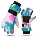 Waterproof ski gloves with colorful geometric patterns and adjustable wrist straps - Narcissus Green