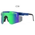 Detail der UV400 Radsportbrille mit grün verspiegelten Gläsern und blau-gelbem Rahmen - Grün Verspiegelt - Lila Spritzer Dunkelblauer Rahmen (C30)