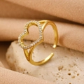 Adjustable golden heart ring featuring sparkling white cubic zirconia on stone base - Gold Dual Heart Ring (11218)