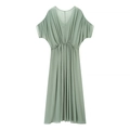 Hellgrünes Chiffon-Maxikleid mit V-Ausschnitt, elastischer Taille und Fledermausärmeln - S / Grün