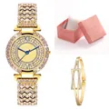Set orologio al quarzo dorato di lusso e bracciale con diamanti da donna in scatola - Oro + Braccialetto + Scatola