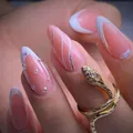Short French nude press-on nails with white tips, silver glitter curves and rhinestones - Bz1548 Golden Snake Coiling Around The Finger / Glue Type