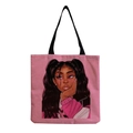 Pink canvas tote bag with black handles and cartoon girl character illustration - Afro Lady Cartoon-Pink Tone
