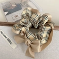 Beige plaid scrunchie with a satin bow accessory for a stylish bun hairstyle - Plaid Patchwork Single Bow