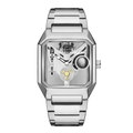 Close-up of skeleton mechanical watch dial with octagonal silver steel case and gears - Silver