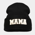Detail of black knit beanie featuring white towel embroidered MAMA letter patch - Black