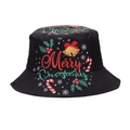 Close-up view of black Christmas bucket hat featuring festive Merry Christmas print and bells - M (56-58cm) / Black Christmas Bells Candy Cane