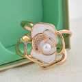 Rose gold camellia ring with white enamel petals, pearl center, and sparkling zircon accents - White Camellia Aurora Diamond