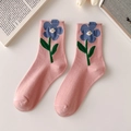 Chic lotus pink cotton mid-calf socks with 3D blue floral pattern and ribbed cuffs - Blue Floral / Pink