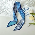 Royal blue floral silk scarf headband with white flower pattern and dark blue edges - Broken Leaf Floral Blue