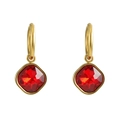 Detail of gold titanium hoops with square-cut red zircon pendants on white background - Red Zirconia