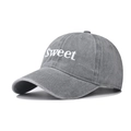 Detailed view of the 'Sweet' embroidery on the washed grey denim cotton baseball cap - Adjustable / Grey (Sweet)