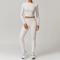 Ensemble de yoga blanc crème deux pièces avec haut court à manches longues et legging - Chemise À Manches Longues 8886 + Pantalon 8519 Gris Perle / S