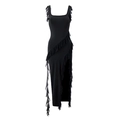 Detail view of black bodycon dress featuring layered ruffles and a stylish side slit design - S / Black