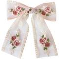 Pink sheer bow hair clip with floral embroidery and lace edges for elegant women - Long Single Layer Lace Bow
