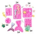 Marine life silicone fondant molds set featuring seahorse, mermaid tail and coral - 6-Piece Set Pink