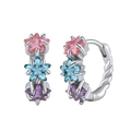 Sterling silver hoop earrings with pink blue and purple star shaped zircon stones - Silver Tri-Color Star Textured Huggies / Silver Star