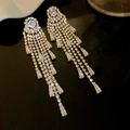Luxury geometric long fringe tassel earrings with sparkling rhinestones in silver finish - 132-Silver Pin Zircon Round Flower Tassel