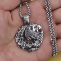 Men's hip hop silver stainless steel lion head pendant necklace with box chain - Lion Dragon