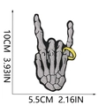 Detail showing skull hand embroidery patch with measurements 10cm by 5.5cm on white background - Skeleton Hand Sign With Ring (132-07)