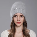 Women's light grey sequined knit beanie featuring fluffy faux rabbit fur and ribbed cuff - Gray