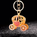 Sparkling pink rhinestone pumpkin carriage keychain with gold-plated metal link - A523 Heart Pumpkin Carriage Pink