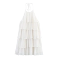 White tiered halter neck dress with pleated fabric and adjustable drawstring detailing - S / White