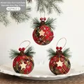 Three 8cm plaid Christmas foam balls with pine needles and wooden star ornaments - Mixed Plaid Wood Star Foam Balls 3Pcs / Diameter 8cm
