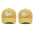 Close-up of yellow washed cotton baseball caps with Dad and Mom white embroidery - One Size / Yellow