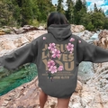 Oversized dark grey hoodie featuring cherry blossom graphics and Jesus Loves You back print - S / Dark Gray
