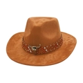 Detail of western cowboy hat featuring braided leather band and metal bull skull ornament - One Size(Adjustable) / Camel