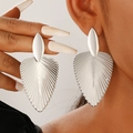 Exaggerated oversized silver leaf drop earrings with irregular pleated metallic texture - Fan-shaped Embossed Leaf Shape (N-176) / Silver