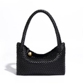 Handmade black woven leather tote bag with elegant gold sphere pendant detail - Black