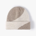 Winter two-tone beige knitted beanie hat in thick wool rib-knit with folded cuff design - One Size / Khaki Beige (22B030)