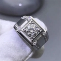 Silver moissanite ring with round centerpiece and diamond accents held in white gloves - Flash Sand Ring Ljz-192 / Adjustable Open