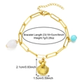 Golden shell and turquoise stone vacation bracelet with product dimensions shown - Gold Chain With Golden Shell And Blue Bead