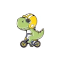 Cute green dinosaur pin wearing a yellow helmet riding a bike, enamel metal brooch - Cycling Green Dinosaur (XZ4461)